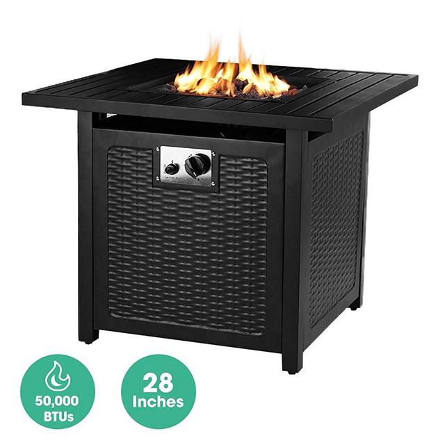 OKVAC 28" Propane Gas Fire Pit Table, 50,000 BTU Square Fire Bowl, Outdoor Auto-Ignition Fireplace with CSA Certification, Waterproof Cover, Lava Rock, for Balcony/Garden/Patio/Courtyard