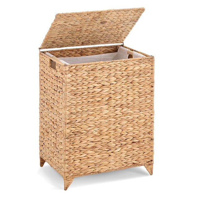 LGENHOOM Handwoven Laundry Hamper with Lid, Natural Hyacinth Heightened Feet Laundry Basket, Wicker Clothes Hamper with Removable Liner Bag (Natural, 90L)