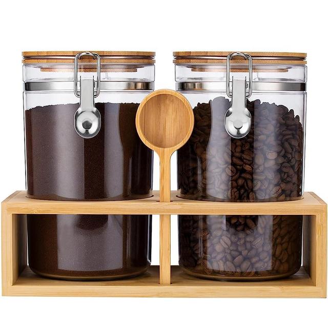 Yangbaga2 Pcs Coffee Sugar Canisters with Shelf, 58OZ Plastics Storage Containers for Ground Coffee Bean Storage with Lid Airtight Locking Clamp and Coffee Scooop, Large Capacity Food Storage Jar for Kitchen