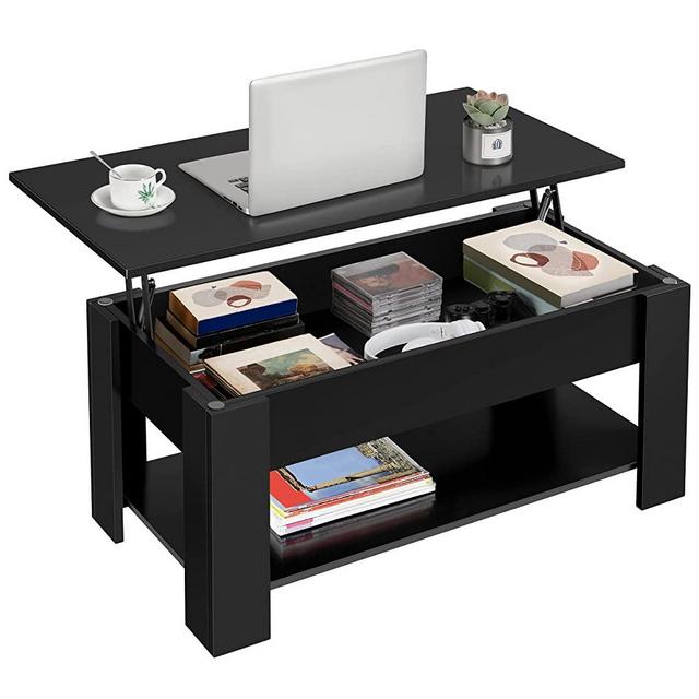 Yaheetech Lift Top Coffee Table with Hidden Compartment and Storage Shelf, Rising Tabletop Dining Table for Living Room Reception Room, 38.6in L, Black