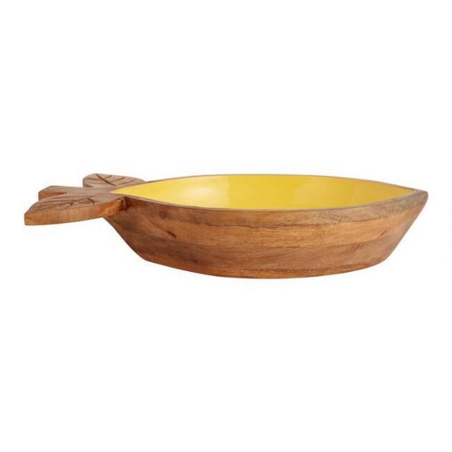 Yellow Lemon Shaped Enamel Wood Serving Bowl