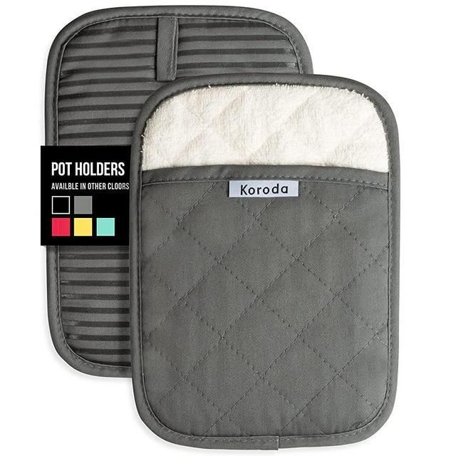 Koroda Pot Holders: Heat Resistant Potholders with Organic Cotton Terry Cloth and Silicone Grip - Oven Hot Pads with Pocket for Kitchen (Set of 2 | Grey)