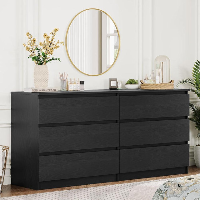 Angel Sar 59'' Black Dresser for Bedroom, Modern 6 Drawer Wood Dresser with Handle-Free Design & Thick Panel, Minimalist Storage Cabinet for Clothes, Entryway Use