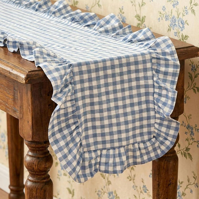 HunnmingRe 1 Pcs Blue Plaid Gingham Ruffle Table Runner 118 x 13.8'' Farmhouse Table Runner 100% Cotton Scalloped Long Dresser Scarves for Dining Room, Wedding, Kitchen Rustic Home Decor