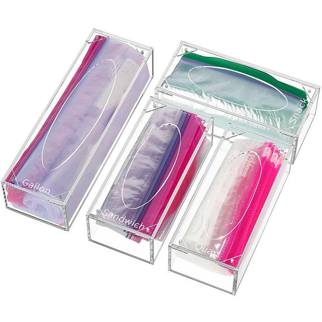 FEMELI Ziplock Food Bag Storage Organizer, Acrylic Kitchen Drawer Baggie Box for Ziploc, Solimo, Hefty, Glad, Compatible with Gallon, Slider Quart, Freezer, Sandwich, Snack, Variety Size Bags, 4 separate Pack(Clear)