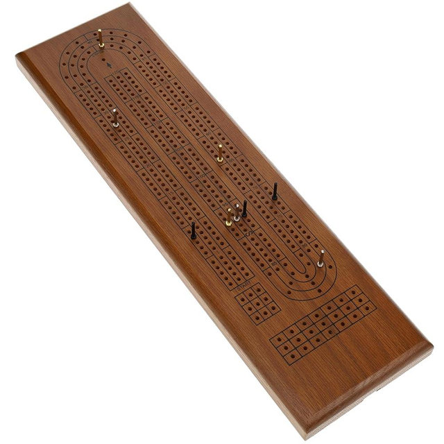 WE Games Classic Solid Dark Stained Oak Wood Board Cribbage Board Set, 3 Track Board with Metal Pegs, Unique Cribbage Board for Family Games, Travel Games, Birthday Gifts, 16 inches