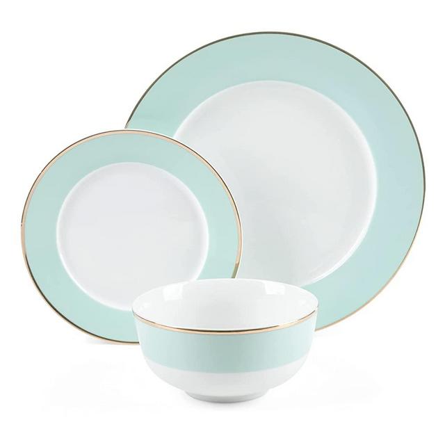 Martha Stewart Gracie Lane 12 pc Porcelain Decorated Dinnerware Set - Martha Blue w/ Gold Rim