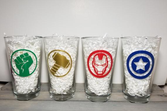 Marvel's Avengers Beer Glass Set; Avenger's Pint Glass Set; Hulk; Thor; Iron Man; Captain America; Set of 4 Pint Glasses; Superhero Glasses