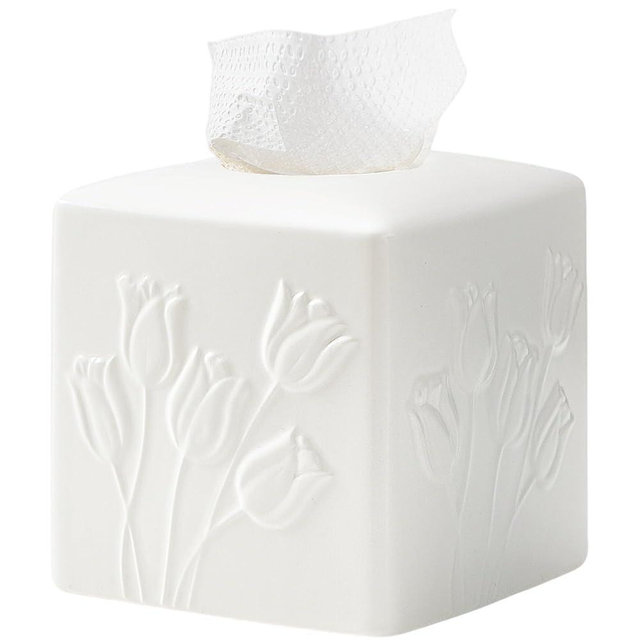 White Ceramic Tulips Tissue Box Cover - Modern Square Decorative Organizer for Facial Tissues, Farmhouse Style Home Decor for Bathroom, Bedroom, Living Room & Office