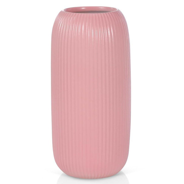 Ceramic Vase for Flowers – Modern Small Ribbed Textured Flower Vase for Home Decor, Pampas Grass, Decorative, Farmhouse, Coffee Table, Kitchen Centerpieces, Bookshelf and Home Living (Pink)