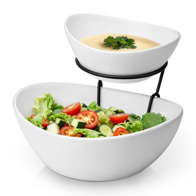 MALACASA 2 Tier Chip and Dip Serving Set with Metal Stand,Ceramic Appetizer Bowls for Party, Multi-Use Food Display for Fruits, Snacks,White Elegant Tiered Serving Dishes for Party