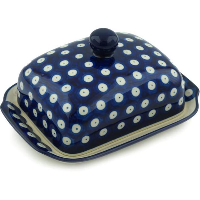 Authentic Polish Pottery Butter Dish in Blue Eyes Design Handmade in Bolesławiec Poland by Ceramika Artystyczna + Certificate of Authenticity