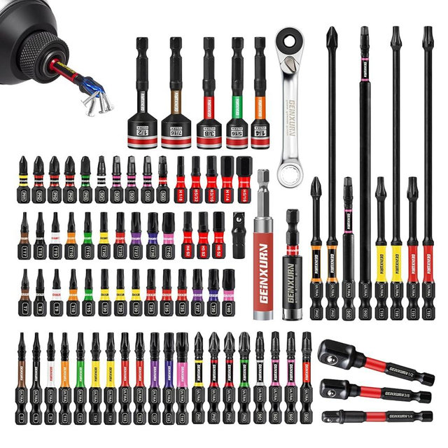 Geinxurn 82Pieces Impact Screwdriver Bits Set, Magnetic S2 Steel Phillips/Square/Torx/Hex Insert Power Bits Tips with Impact Bit Holder and Impact Nut Driver and Mini Wrench