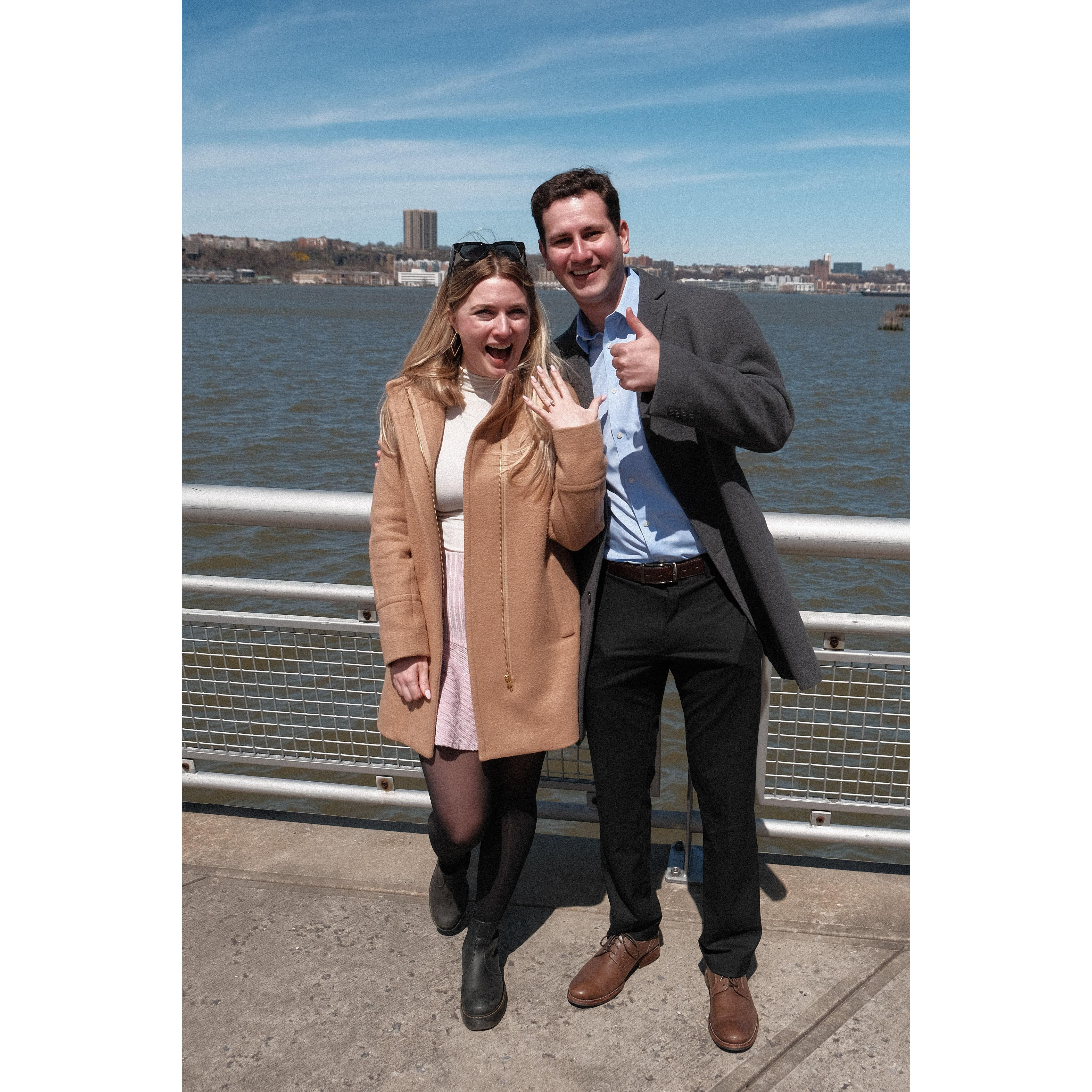 Engaged post brunch at Cafe Luxembourg in Riverside Park