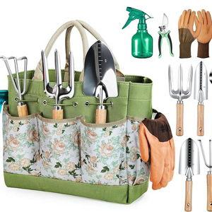 Garden Tool Set, 9-Piece Complete Gardening Essentials, Heavy Duty Stainless Steel Gardening Tools & Tote Bag, Durable & Well-Designed Gardening Gifts for Women Men Beginners Gardeners