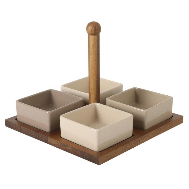Gibson Elite 4-Piece Stoneware Tidbit, Condiment & Dip Dish Set with Acacia Wood Tray – Taupe Square Appetizer