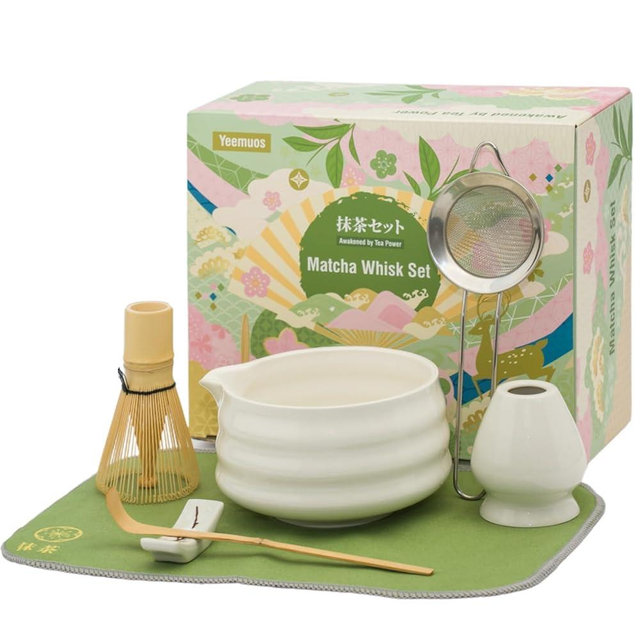 YEEMUOS Matcha whisk Set,7 Pcs Matcha Making Kit with whisk Whisk, Ceramic Bowl, Sifter, Scoop, Holder, Stand, and Tea Towel for Ultimate Matcha Experience（White）