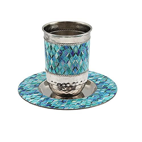 Emanuel Kiddush Cup Set Stainless Steel and Colorful Enamel for Shabbat and Yom Tov (Blue Mosaic CT-12)