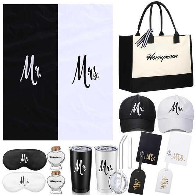 Preboun 14 Pcs Wedding Gifts for Couple Honeymoon Gifts Include Mr and Mrs Beach Towels 20 oz Wine Tumbler Hat Shareable Passport Holder Baggage Tag Glass Bottle Canvas Honeymoon Tote Bag Sleep Mask
