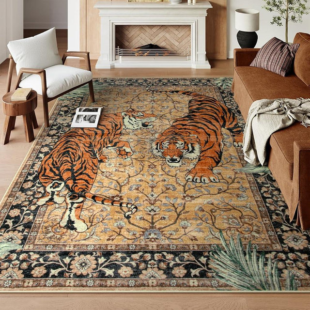 Moynesa Tiger 8x10 Area Rug, Washable Boho Rugs for Living Room, Vintage Large Soft Dining Room Rug, Non Slip Ultra Thin Stain Resistant Floor Carpet for Home Office Bedroom, Camel