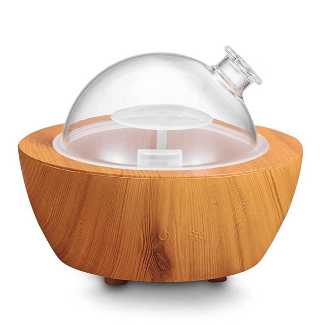 280ml Glass Essential Oil Diffuser Wood Base Air Aroma Diffuser for Essential Oils Aromatherapy Cool Mist Humidifier with Safe Auto Shut-Off and 7 Color LED Night Lights for Home Office Bedroom