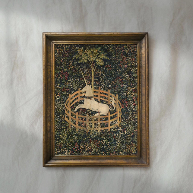 Medieval Unicorn Tapestry Art | Renaissance Floral Wall Decor | Vintage Dark Cottagecore Aesthetic | Antique Fantasy Artwork | Mailed Print