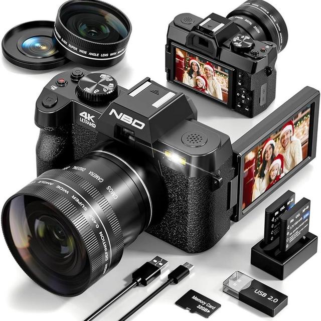 4K Digital Cameras for Photography，48MP Video Vlogging Camera for YouTube with 3" 180° Flip Screen WiFi, 16X Digital Zoom Cameras with 32GB Micro Card, Wide-Angle & Macro Lens (Black)
