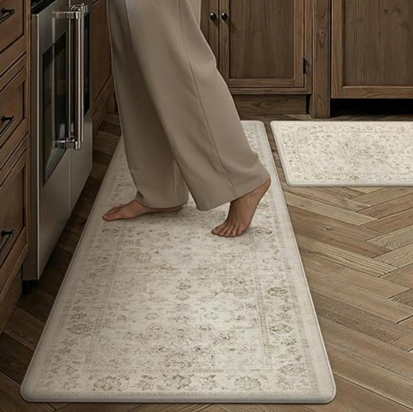 Neutral Kitchen Mats 2PCS Anti Fatigue Mat for Cushioned Beige Vintage Kitchen Mats for Floor Waterproof Non-Slip Comfort Standing Rug for Sink Laundry Office 17.3"×47"+17.3"×30"