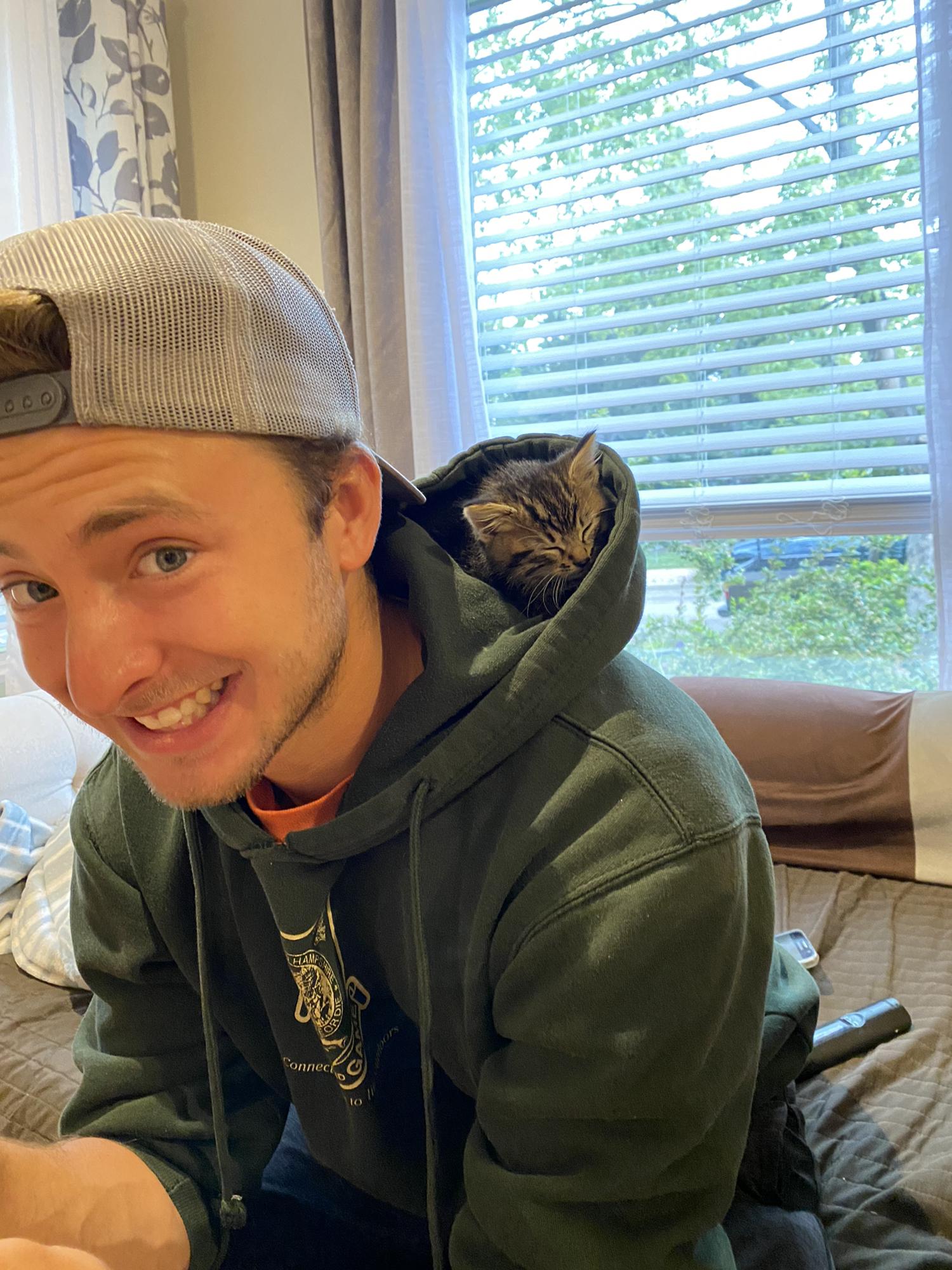 Matt is super allergic to cats but last year he agreed to road trip ten hours with one! The cat was attached to his hip the whole way…