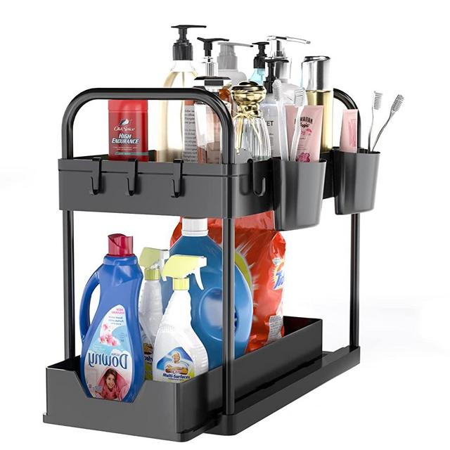 GEMWON Under Sink Organizer, 2 Tier Sliding Bathroom Organizer Cabinet Storage with Hooks, Hanging Cups, Handles, Multi-purpose Under Sink Shelf Organizer for Bathroom Kitchen(1 Pack)
