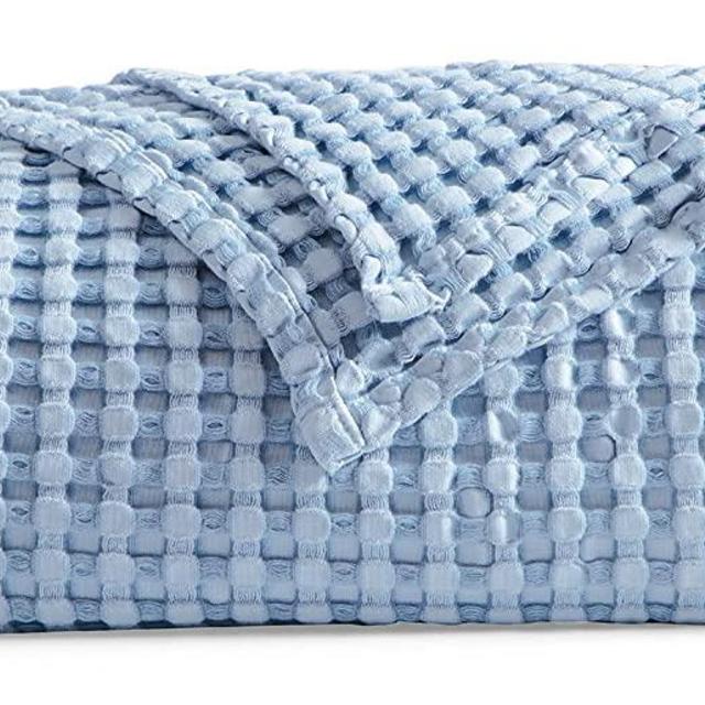 Bedsure Waffle Bamboo Blanket Cotton - Waffle Weave Blanket Queen Size, Soft Lightweight Bed Blanket for All Season(90x90 inches, Blue)