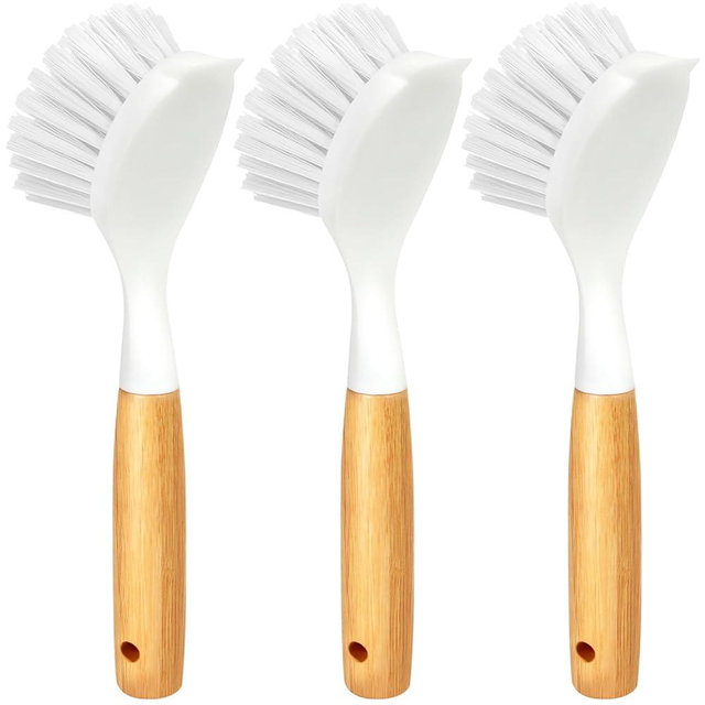 Holikme 3 Pack Dish Brush Set with Bamboo Handle, Kitchen Scrub Brush for Cleaning Dish, Pasta Plate, Salad Bowl, Scrubber with Soft Bristles, Blanco
