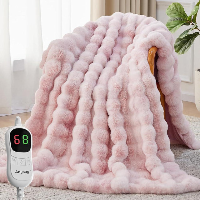 Anysay Heated Blanket Throw with 1/2/4/6/8 Hours Auto-Off 10 Heat Level, 50'' * 60'' Cozy Faux Rabbit Fur Bubble Electric Blanket with Overheat Protection(Tie-Dye Pink)