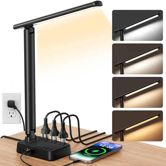 Airlonv LED Desk Lamp for Office Home, Power Strip with 3 Outlets 4 USB Charging Ports(2 USBC), 4 Modes 5 Level Brightness Desk Light, Small Desk Lamp for College Dorm Room Essentials