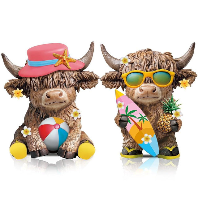 Karenhi 2 Pcs Highland Cow Figurines Summer Beach Seaside Coastal Highland Cow Gnomes Scottish Resin Statue Calf Lovers Gifts for Summer Home Garden Kitchen Office Tiered Tray Table Decor