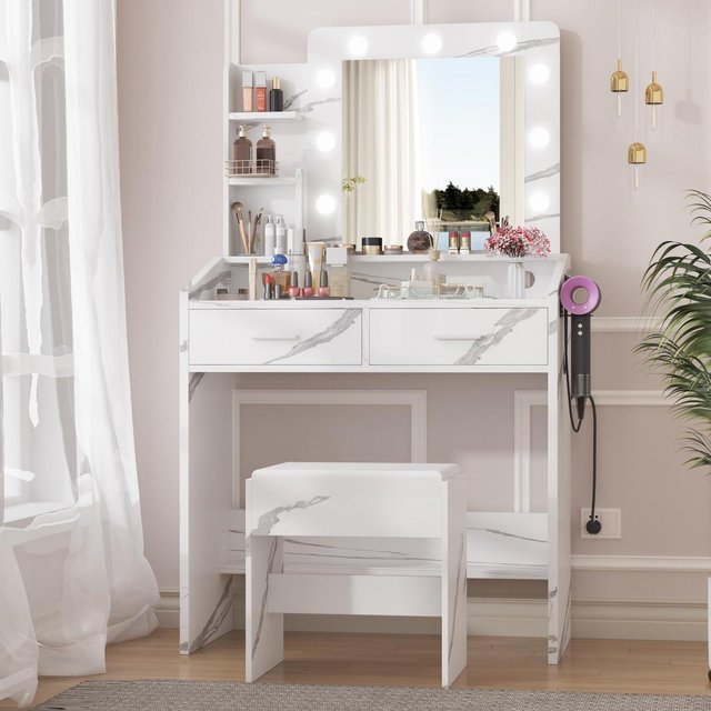 Vanity Desk with Power Outlet, Makeup Vanity with Large Mirror and LED Lights, 7 Drawers & Cushioned Stool