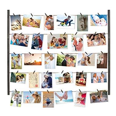Love-KANKEI Wood Picture Photo Frame for Wall Decor 26×29 inch - with 30 Clips & Ajustable Twines - Collage Artworks Prints Multi Pictures Organizer & Hanging Display Frames Weathered Grey