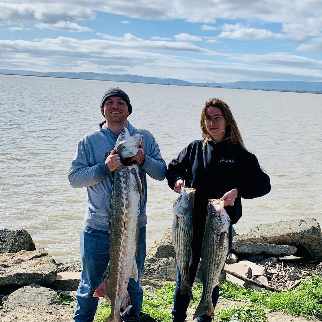 A day of fishing in the beautiful outdoors with our dog, Xena, brought us a Sturgeon and two of Maite’s personal best Striped Bass.