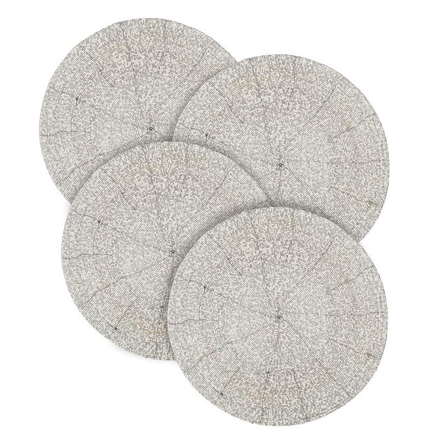 Goroly Home Beaded Placemats for Dining Table, Rustic Farmhouse Hand Made Glitz Table Top Charger for Christmas Easter New Year Thanksgiving Family Party Celebrations- 13 Inch Set of 4 - White Silver