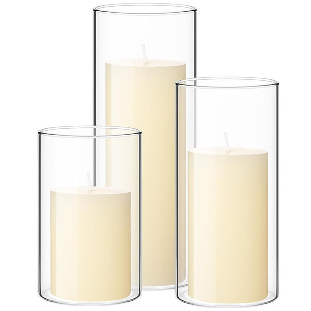 Shihanee Set of 3 Pillar Candles and 3 Glass Cylinder Candle Vases Holders Clear Pillar Jars for Wedding Centerpieces(3.4'' X 4.7", 7", 9.8",Ivory White)