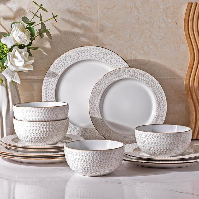 GBHOME Ceramic Dinnerware Sets, Embossed White Stoneware Plates and Bowls Sets, Housewarming Wedding Gift | Dishwasher & Microwave Safe | Dishes Set Service for 4