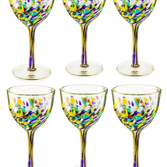 Mexican Wine Glasses Set of 6, Pebble Confetti Mexican Luxury Hand Blown Wine and Water Glasses (8 ounces each) By The Wine Savant