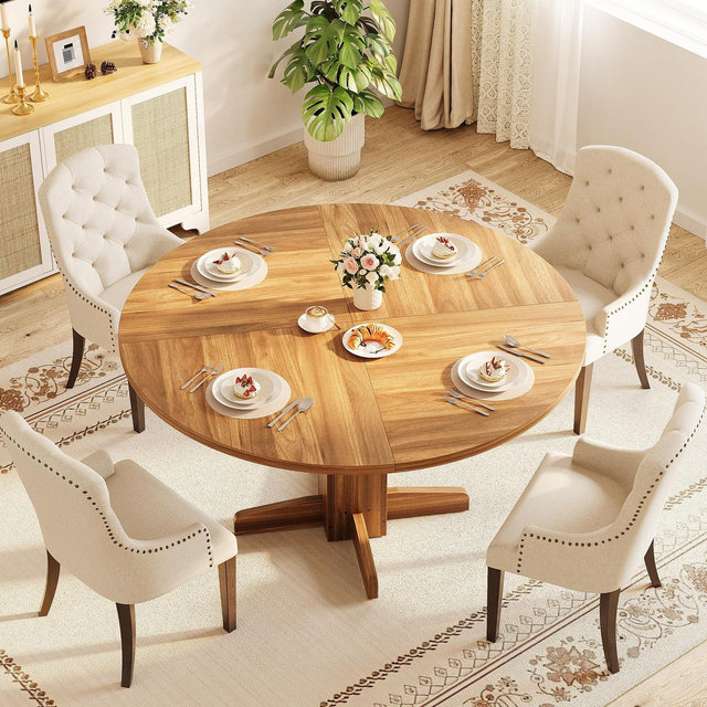 Round Dining Room Table for 4-6, 47" Wood Kitchen Table with Sturdy Pedestal Base, Farmhouse Circle Dinner Tables for Living Room, Apartment
