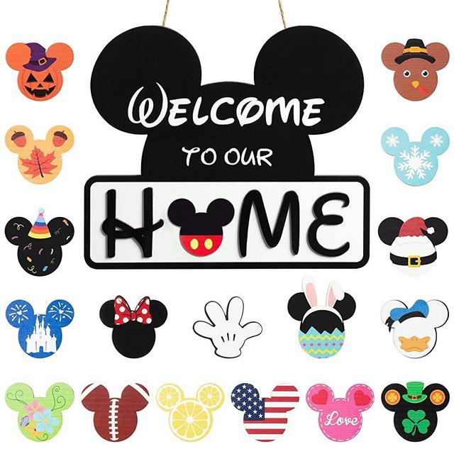D1resion 19Pcs Mouse Seasonal Interchangeable Welcome Door Sign Welcome to Our Home Wooden Hanging Signs Round Decorative Home Porch Plaques Set for Summer Autumn Halloween Christmas Decoration