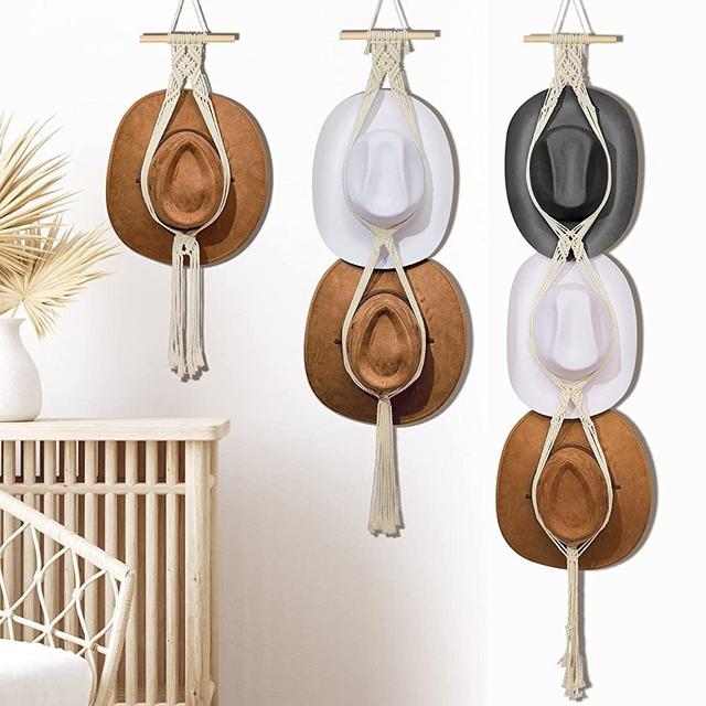Hat Organizer 3 Pieces Bohemian Hat Wall Hanging Wooden Hat Hooks Boho Hat Hangers for Wall Hanging Hat Display Hand Weaving Hat Rack Decorative Cap Holder for Wide Brim and Fedoras Baseball Caps