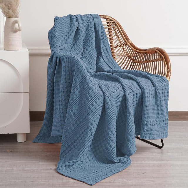 PHF 100% Cotton Waffle Weave Throw Blanket - Lightweight Washed Cotton Throw Blanket for Spring & Summer - 50"x60" Breathable and Skin-Friendly Blanket for Couch Bed and Office - Captain's Blue
