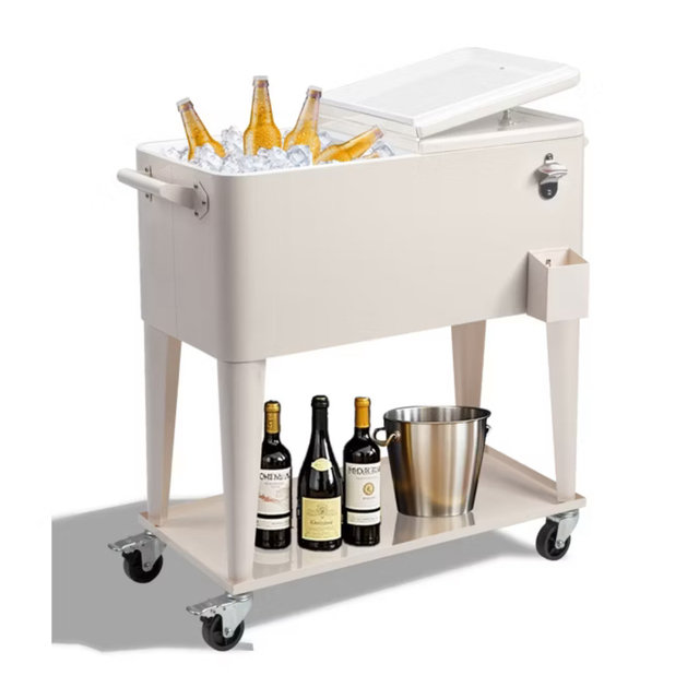 80QT Rolling Cooler Cart with Wheels, Outdoor Patio Cooler with Shelf, Bottle Opener and Drain Plug, Keeps Cold 48 Hours, Milk White