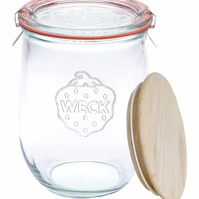 WECK - 745 Weck Tulip Jar 1 Liter - Sour Dough Starter Jars - Large Glass Jar for Sourdough - Tulip Jar with Wide Mouth - Suitable for Canning and Storage - (1 Jar, Glass Lid & Beech Wood Lid)