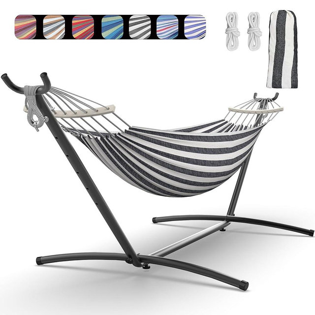 EveryFun Double Hammock with Heavy-Duty Steel Stand,Portable,Easy Assembly,600lbs Weight Capacity,Suit for Indoor,Yard,Camping,or Outdoor-Black White