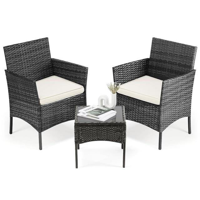 Sweetcrispy Patio Furniture Set 3 Pieces, Outdoor Furniture with Soft Cushion and Glass Table, All Weather Manual Weaving Wicker Rattan Patio Chairs for Garden, Terrace, Porch, Lawns, Black